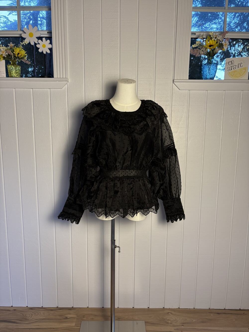 NWT Topshop Black Sheer Dobby Blouse 6 Ruffle Peplum Whimsigoth Victorian